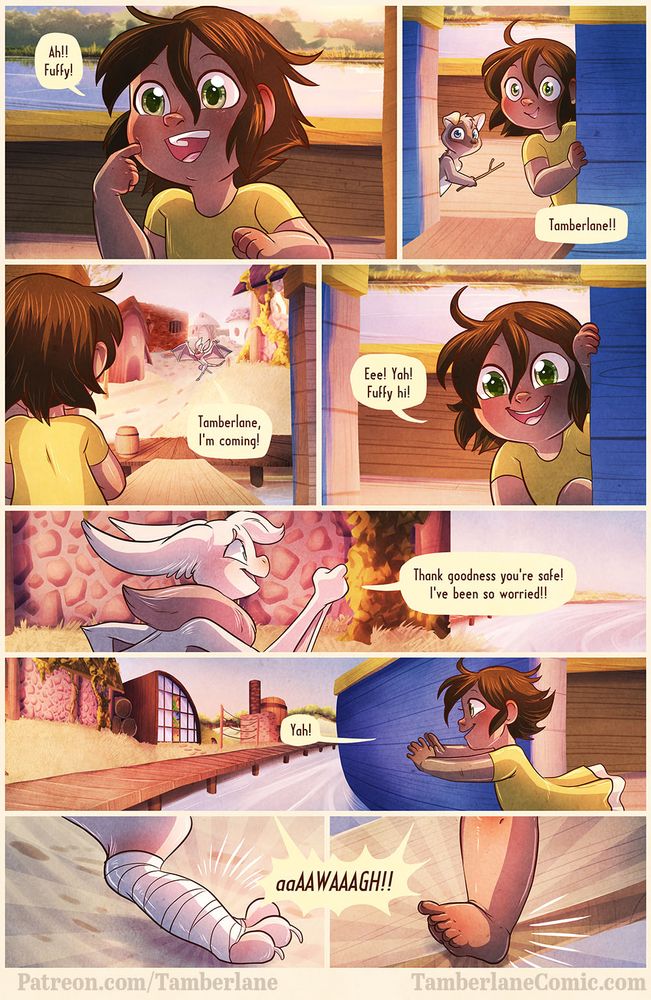 TAMBERLANE: Ah!! Fuffy!  OFFSCREEN: Tamberlane!!  BELFRY: Tamberlane, I'm coming!  TAMBERLANE: Eee! Yah! Fuffy hi!  BELFRY: Thank goodness you're safe! I've been so worried!!  TAMBERLANE: Yah!  BELFRY & TAMBERLANE: aaAAWAAAGH!!