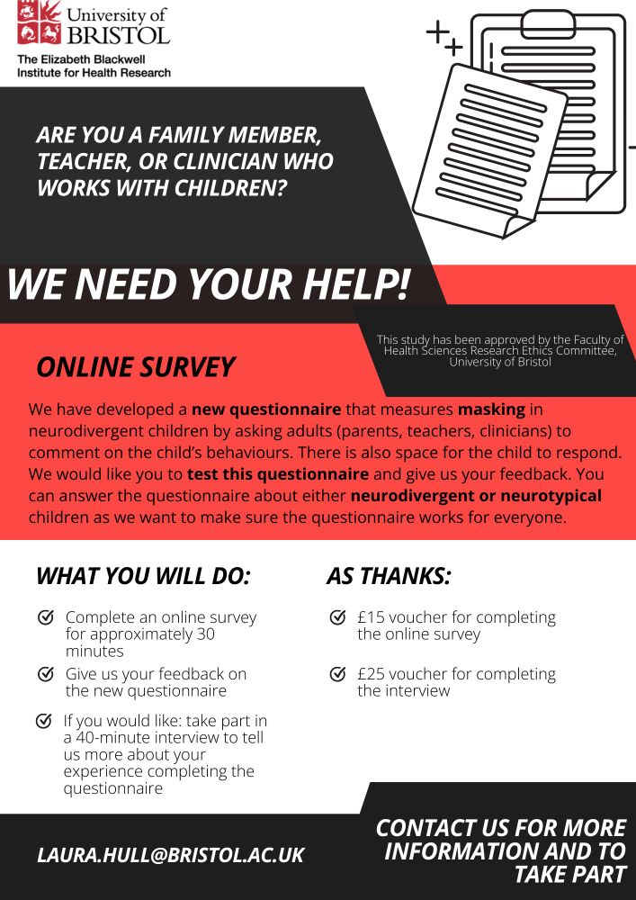 An advert for an online survey measuring masking in children. Contact laura.hull at bristol.ac.uk for more information.