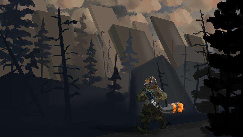 Kaslo the marten in full tactical gear walking through the stonemaze in silverfish during the setting sun. Armed and ready but walking reasonably carefree, however a hand is still on the rifle.