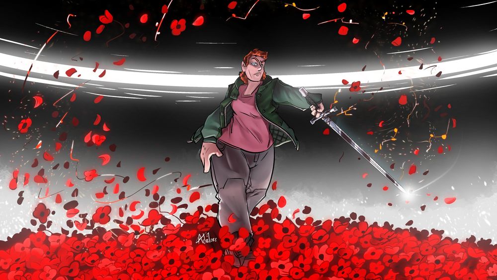 Kloe the human, striding over a crest of poppy flowers, brandishing a long sword, pedals chasing the the swoosh of the blade, vines clinging to the blade and burning away. Behind her is a frame of an edge of a blackhole's event horizon.