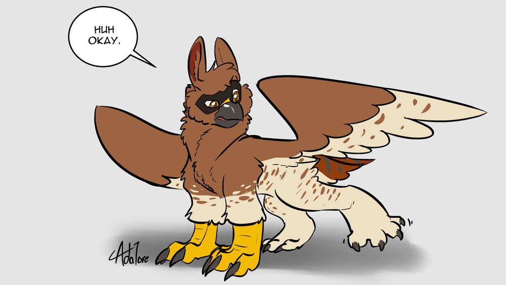 a bunny/redtailed hawk griffon combo, looking down at a paw in confusion at their changed body. Wiggling toes.