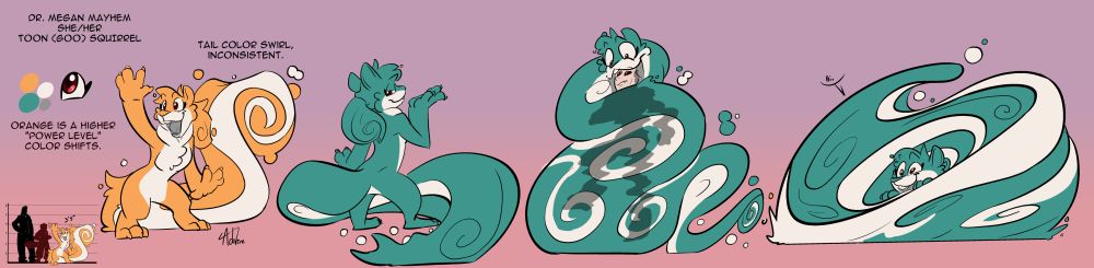 a 4 part character ref showing a toony goo squirrel. First two poses are the some what standard front and back poses. The other two depict lunging at someone to encase them and turn them into the body of the squirrel, the second additional pose is somewhat coil into a whirlwool of color with the head peaking out of the center saying "Hi."
