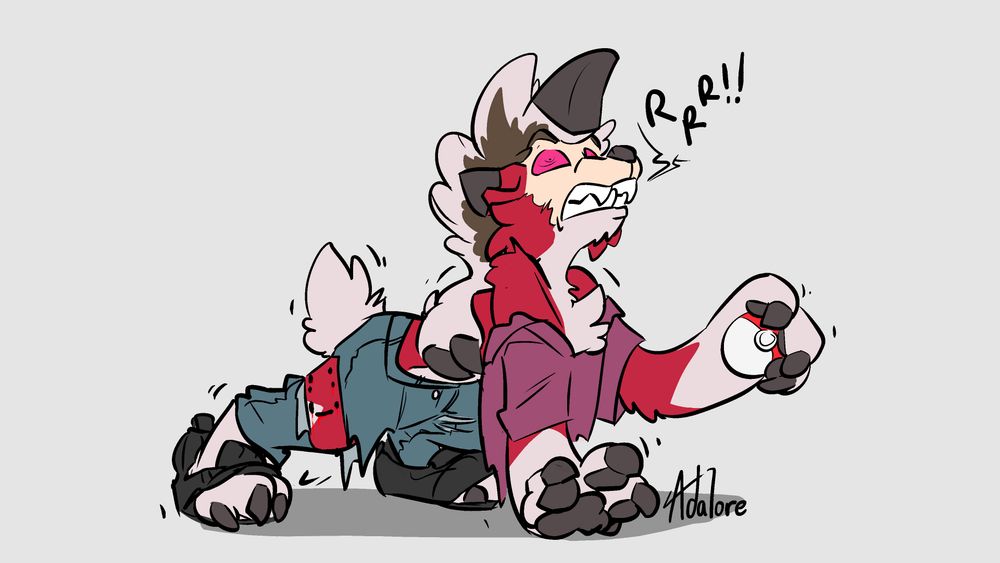 Midnight Lycanroc transformation, the majority of te body covered, clothing ripping off while clutching a pokeball. 