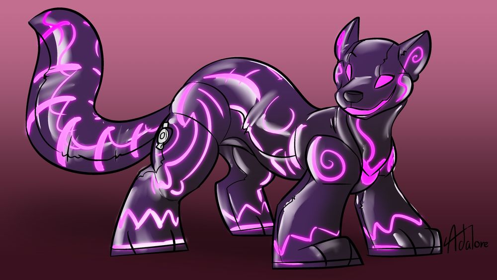 A pooltoy marten with swirly glowing purple highlights on a very dark purple. A wraithy design.