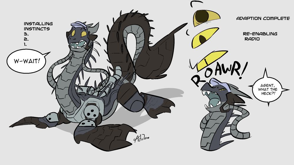 "Installing instincts. 3.2.1." "W-wait" Post TF critter helping in surprise at their suit. Their eyes go wide and narrow down to slit. "Adaoption complete. Re-enabling radio" The now changed explorer roars. HQ hears it finally. "Agent, what the heck?!"