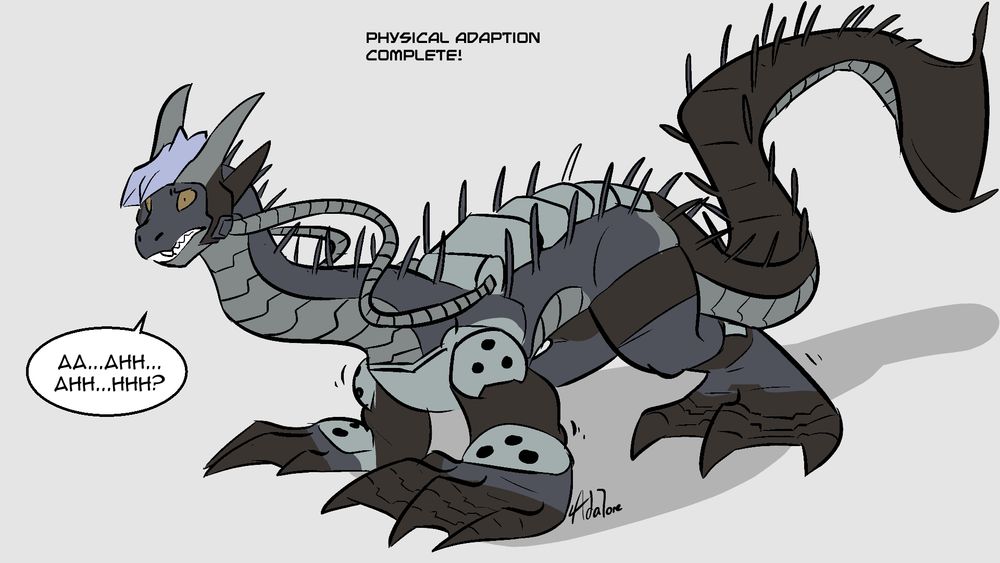 standing on four limbs, big flipflop limbs and a long tail with a fin at the end. The subject is some what classic lochness monster styled but with horns, spines and a synthetic coating on their body as the suit still exists and merged with them.