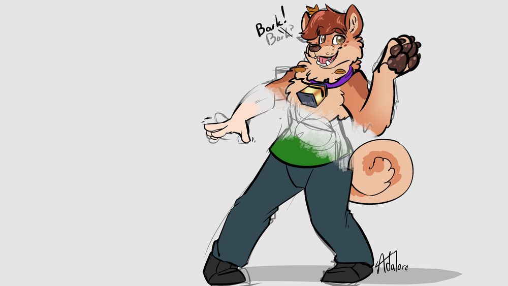 A human being erased and replaced with a very excited dog, a sketch layer below presenting a edit in progress on a digital art program.