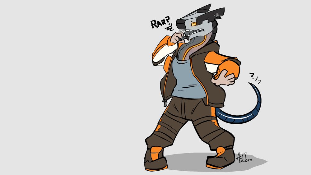 the human figure of Sigil standing awkwardly in surprise as his head has been turned into a very robotic blocky form of a courier drone. In confusion he pulls at his face with one hand pulling one of the bifercated jaws to the side. letting out a robotic "rar" sound.

Rime his snowbeast core as tail has a small question mark having just noticed something is up.