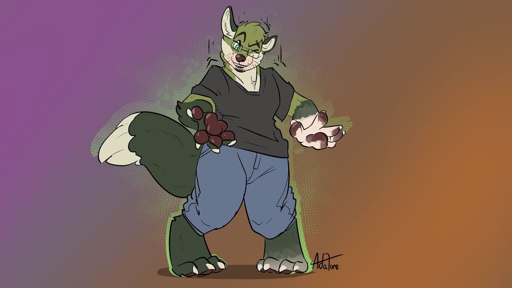 Thundergonian's fox sona, transformating into their green fox sona. with a smile on their face as they shrink into the anthro form. Their clothing falling a bit loose as they shrink. Their glasses falling crooked on their growing snout.