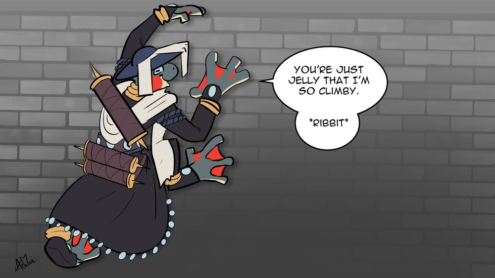 a anthro frog in a monkish outfit with scrolls on their back, freeclimbing up a brickwall with their webby hands and feets.
Dialog : "You're just jelly that I'm so climby. *ribbit*"