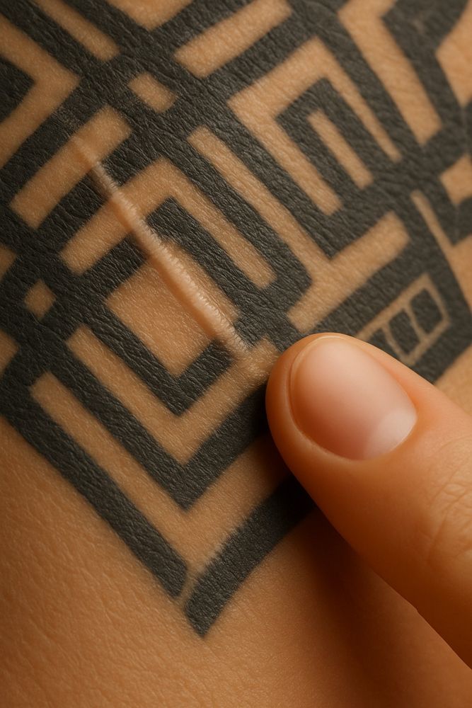 a finger touching a tattoo on a person's hand