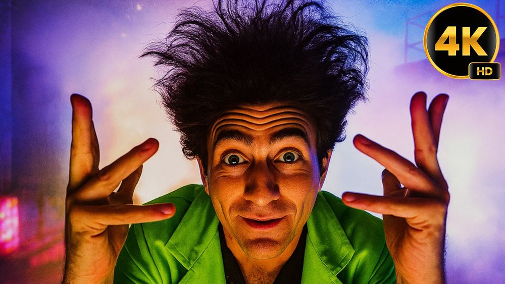 Close-up of Beakman from Beakman’s World with wild, frizzy hair and an expressive face, wearing a bright green lab coat. The background is a colourful, chaotic mix of pink, purple, and blue lighting, evoking a playful science lab vibe. This image links to the remastered 4K HD playlist of Beakman’s World on SeriouslyScientific.com, celebrating the return of this iconic '90s educational science show in high definition.