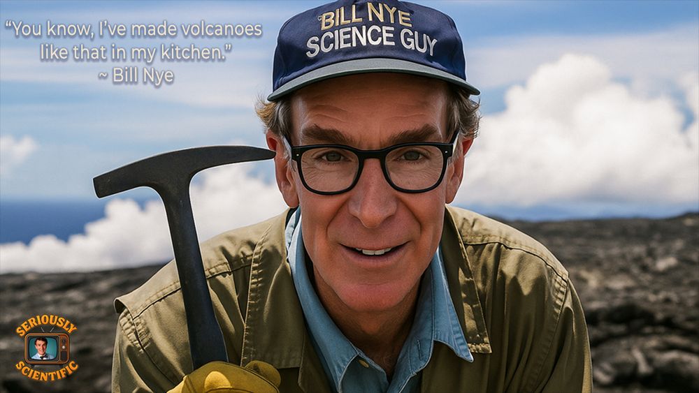 Bill Nye the Science Guy on a volcano in Hawaii holding a rock hammer, wearing his trademark cap and glasses, with a quote on the image: “You know, I’ve made volcanoes like that in my kitchen.” This flyer links to the Volcanoes episode, upscaled and remastered by SeriouslyScientific.com, featuring improved video quality, clearer sound, and carefully fixed color grading. A great resource for classrooms, homeschooling, and science fans.