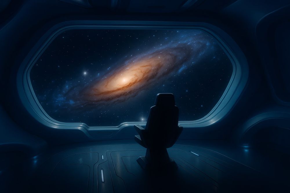 An artist’s impression created by Seriously Scientific depicting Carl Sagan's 'Ship of the Imagination' from the acclaimed science documentary series 'Cosmos: A Personal Voyage.' The interior of the ship, softly illuminated in shades of blue, looks out through a panoramic viewing window onto the spectacular Andromeda galaxy, glowing gently against the deep black of space. Countless stars surround the galaxy, and a centrally placed, empty chair symbolises humanity's ongoing curiosity and cosmic exploration. This illustration highlights Carl Sagan's iconic quote from Episode One, 'The Shores of the Cosmic Ocean,' inviting viewers on an imaginative journey through space and time. The remastered series 'Cosmos' is available at Seriously Scientific on YouTube: youtube.com/@seriouslyscientific. This image was created under Creative Commons licensing.