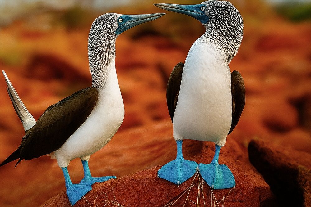A pair of blue-footed boobies stand side by side on rocky Galápagos terrain, both showing off vivid turquoise feet in a courtship pose. Their bright blue feet signal health and attract mates. About half of all blue-footed booby breeding pairs originate in the Galápagos, making the islands a vital stronghold for the species. This image supports a post celebrating their unique coloration and strong island population.