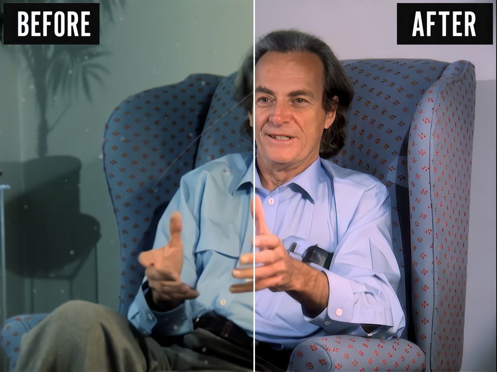 Side-by-side image showing a frame from Richard Feynman’s Fun to Imagine series. The left side shows the original low-resolution version with noticeable blur, faded color, and film grain. The right side is the same frame after digital restoration, upscaled to 4K with improved clarity, color correction, and sharpness. Part of an ongoing remastering project to bring Feynman’s iconic physics lectures to a modern audience