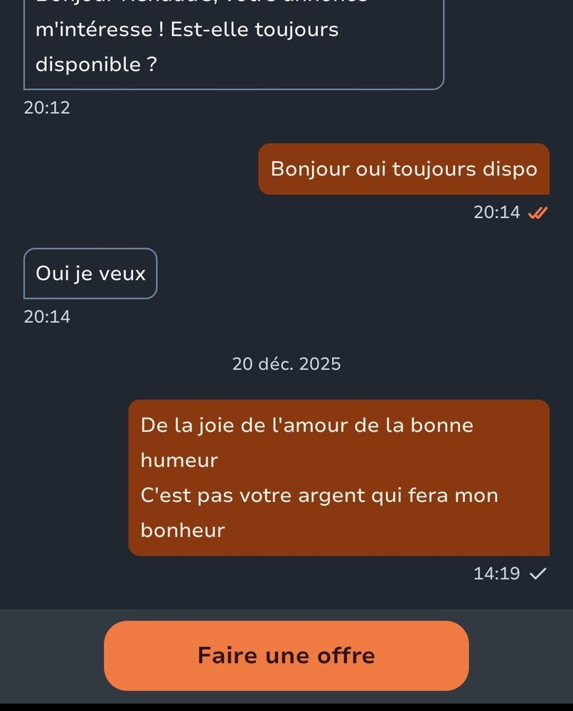 Capture d'écran d'une conversation sur messagerie le bon coin 