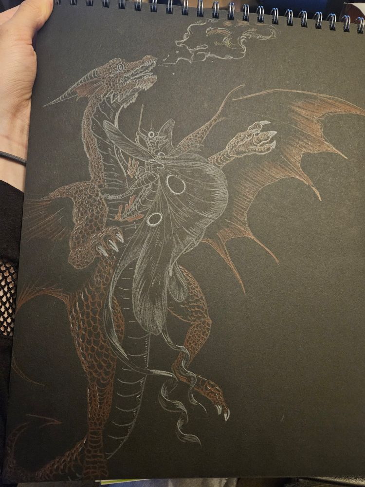 The full page. Telelia has her 6 wings unfolded and shown in motion as she's attacking a red dragon. She has her staff stabbing into the neck above the dragon's left clavicle and Telelia's tail and subsequent lower body is shoved directly into the cheat cavity of the flying beast. Telelia uses her "halos" on her wings to generate magical energy to achieve flight. The dragon has a dying flame escaping it's open mouth and is drawn with a wide eye stare as it's fire is being extinguished. Telelia is drawn with moth wings, the final set being modeled after a luna moth, trailing behind in a twin twirl. The dragon, mid flight, will plummet in its untimely demise. Drawn with colored pencils in the grey scale and red for the dragon.