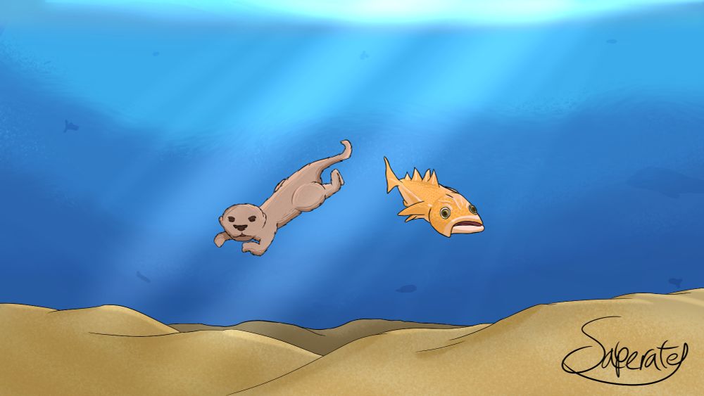 A drawing of an otter swimming in the ocean along with a fish