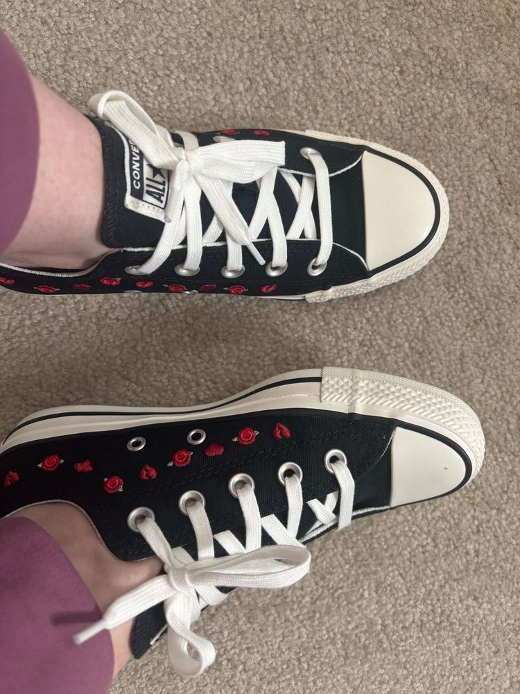 Converse shoes. Black with red embroidered roses and hearts. Cause I’m cool 😎 