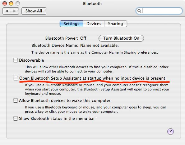 Bluetooth settings dialog from Mac OS X Tiger, with "Open Bluetooth Setup Assistant at startup when no input device is present" setting underlined.
