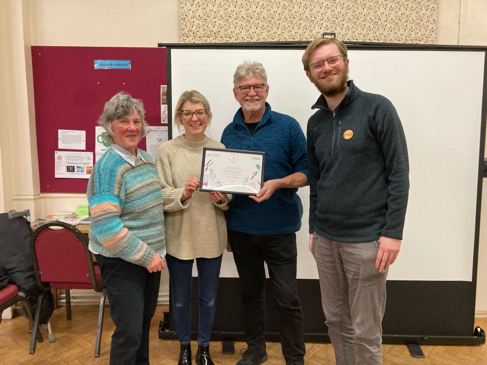 Left to right: HSAG secretary Edna, member Fiona and chair Andrew, pictured with their 5/5 “Outstanding” RHS “It’s Your Neighbourhood” certificate, and Andrew, councillor for Stray, Woodlands, and Hookstone