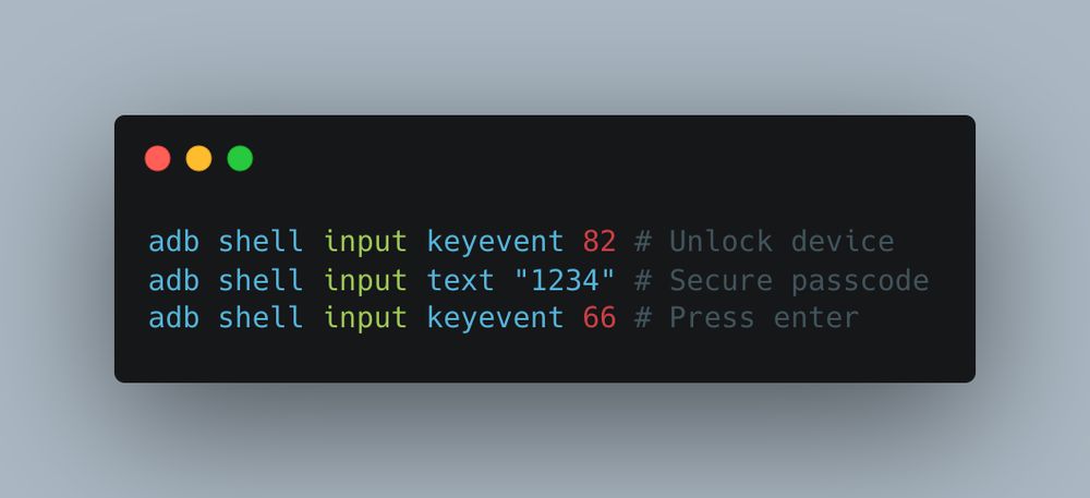 Commands to unlock an Android device via adb. The first command is "adb shell input keyevent 82", the second is "adb shell input text "1234"" or whatever your passcode is, and the third command is "adb shell input keyevent 66". 