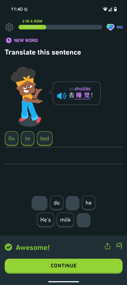 Duolingo screenshot of a Chinese lesson where the sentence is "go to bed". 