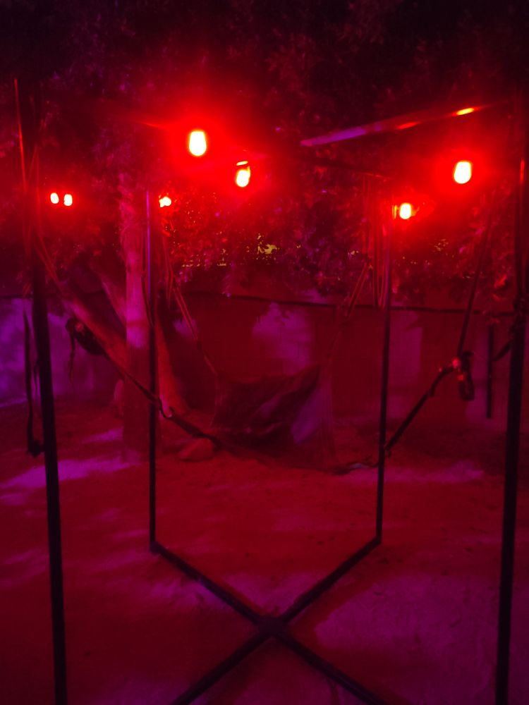 A fisting sling set up with red lighting 
