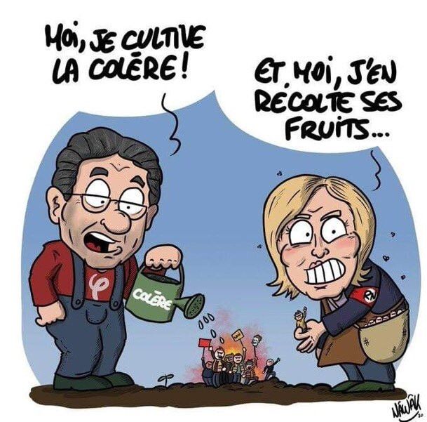 Dessin de mélanchon cultivant la colère de manifestants avec un arrosoir et Marine le Pen sui en récolte les fruits en cueillant les manifestant comme des champignons.