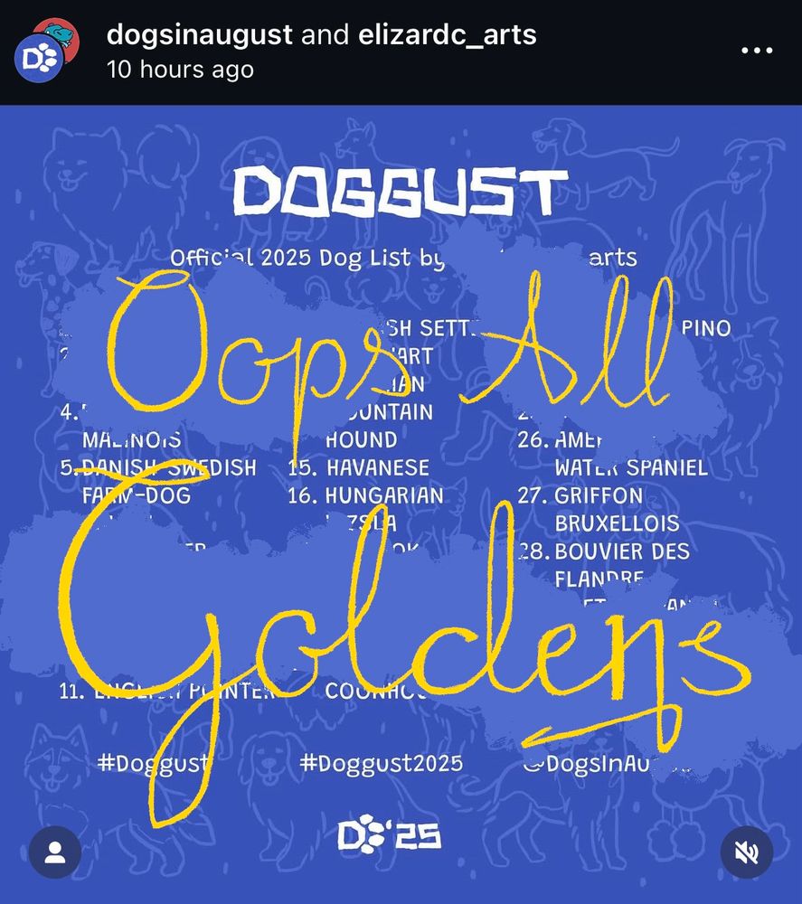 The prompt list for the drawing challenge dubbed “Doggust” where one draws a dog every day for the month of August. The prompt list is blue with white lettering. The list is mostly obscured by large gold lettering announcing “Oops All Goldens”. 