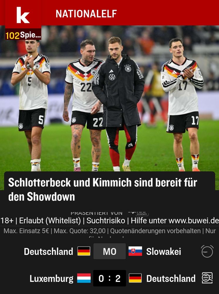 Kicker Startseite: Montag spielt Deutschland, vor 3 Tagen hat Deutschland gespielt, Deutschland ist bereit