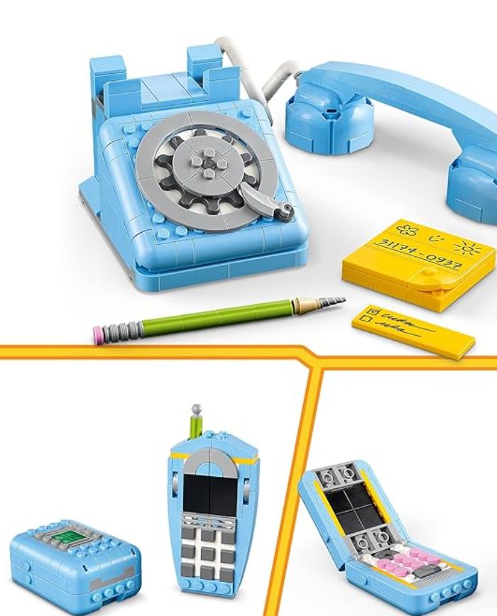lego wählscheiben telefon, lego bleistift und lego notizbuch und lego klapphandy