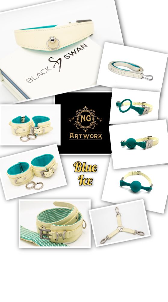 Fesselset in cremfarbenem Leder mit türkisen Akzenten und silbernen Beschlägen.