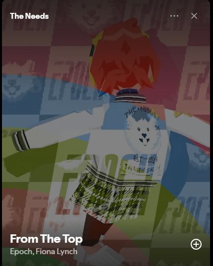 A lowpoly model (I'd say its proportions are a little Megaman Legends like) of a trendy redheaded woman wearing a jacket with a samoyed on it appears in the animation for the song "From The Top" by Epoch and Fiona Lynch, facing away from the camera. The writing on the back reads "THE NEEDS - EST 2024". And... something else I can't make out.