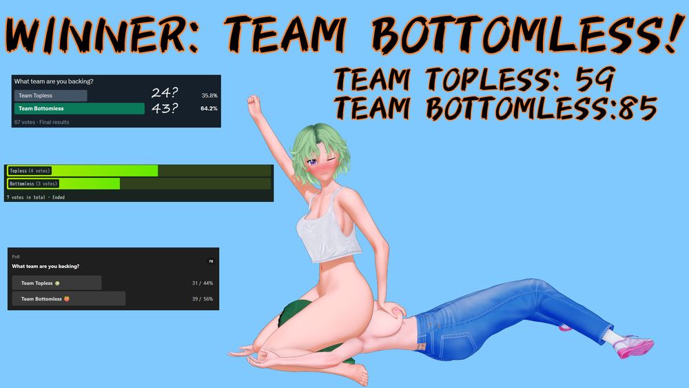 Flora (top) celebrates the victory of Team Bottomless by sitting on Garnet's (bottom) face, and raising her fist in the air as she winks at the viewer.  Flora is also grabbing Garnet's bare breast.