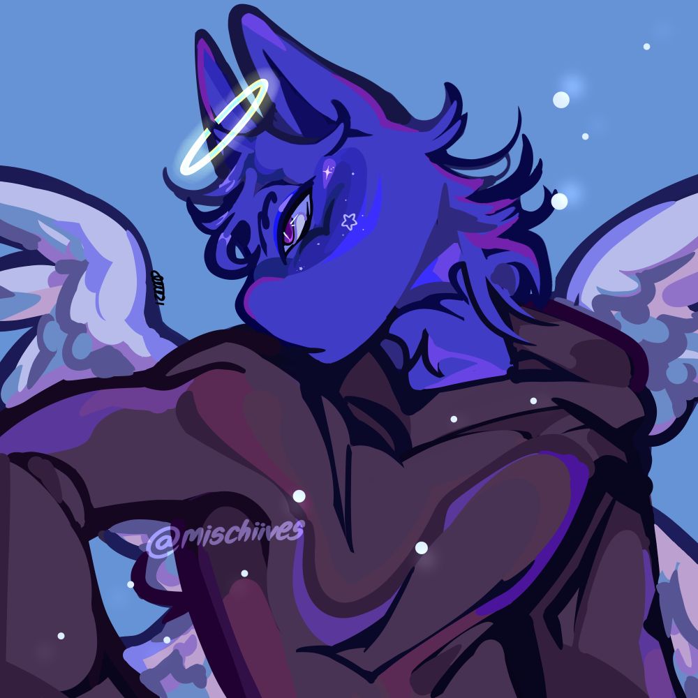 An anthro cat wears a hoodie, two sets of wings sprout from their back, they look forlorn away from the viewer. 