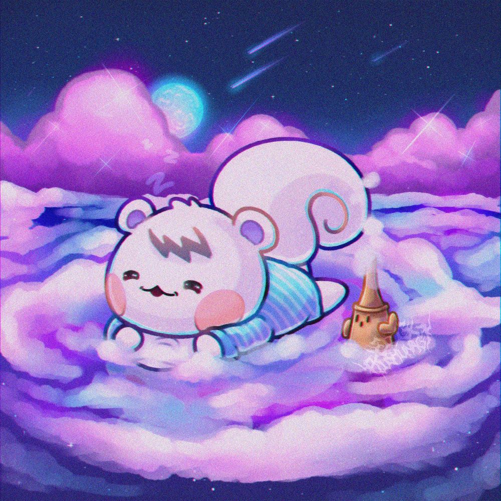 Cute Marshal the squirrel from animal crossing, sleeping on some clouds in the Dream Suite.