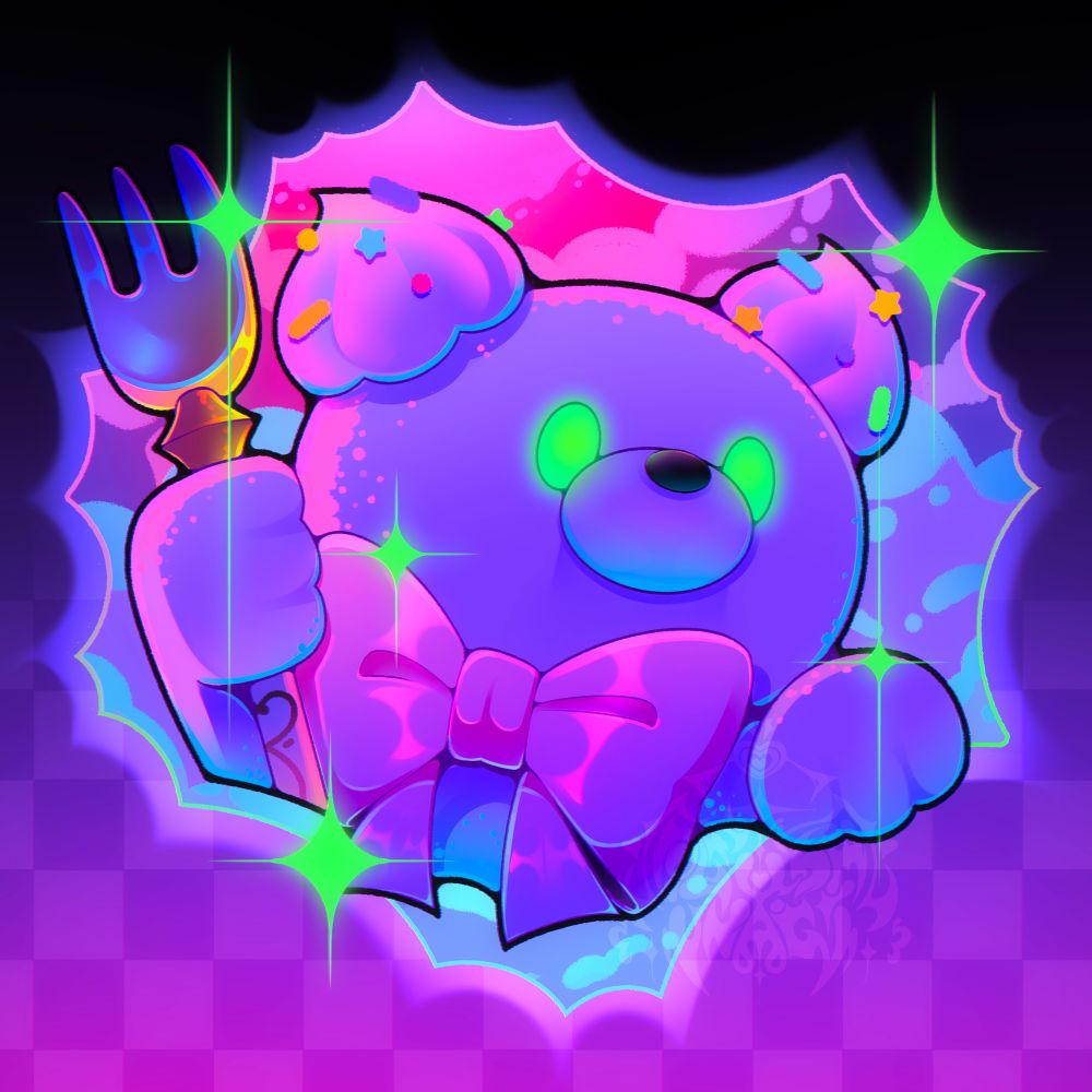 The big cloud kingdom guardian bear from the stop motion Netflix show My Melody & Kuromi. Very colourful and neon colours used! 