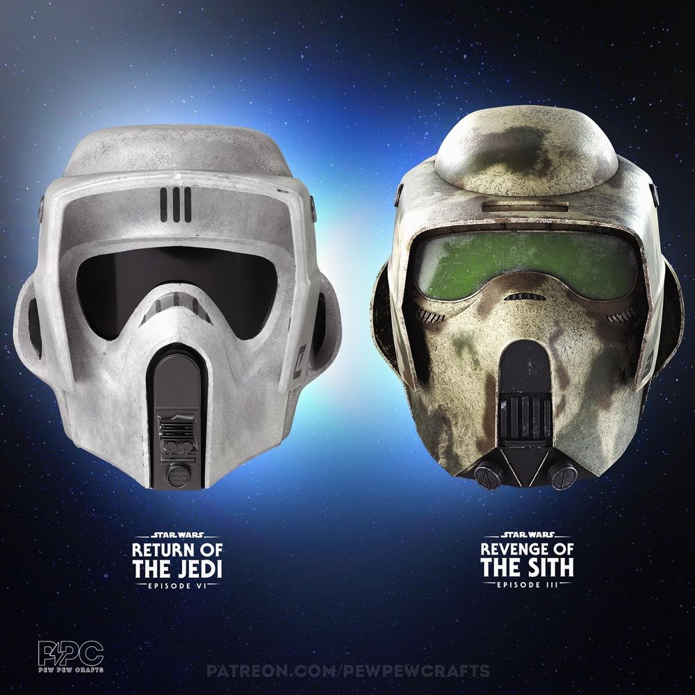 A comparison of two Star Wars props. On the left is the scout trooper helmet from Return of the Jedi, and on the right is some sort of dumb clone helmet from Revenge of the Sith.