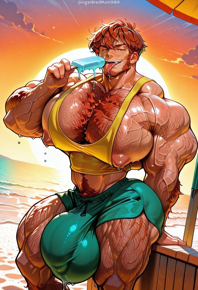Erotic cartoon-style image of a massive, veiny, tan-skinned bodybuilder with chest hair and a yellow crop top, tilting his head back slightly as he slowly licks a dripping blue popsicle. His tight green shorts are stretched to the limit over an exaggerated, heavy bulge as the sunset glows behind him.