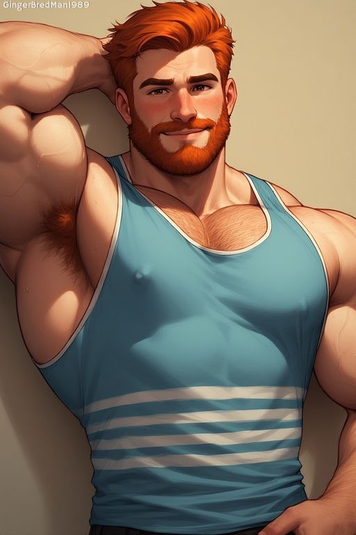 Handsome, massively muscular redheaded man with a neatly groomed beard, wearing a tight light-blue tank top with white horizontal stripes. He leans casually against a wall with one arm behind his head, smiling with a confident, sultry gaze.