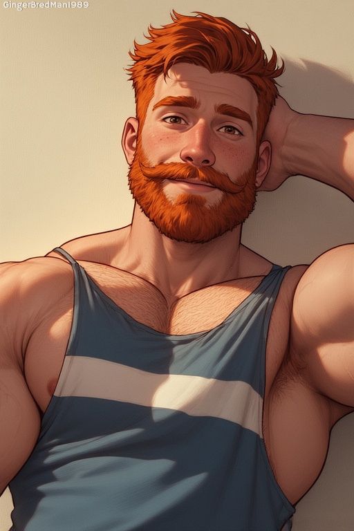 Powerfully built ginger man with a full beard and styled mustache, wearing a snug blue tank top with a single white stripe. He leans back against a wall, one arm behind his head, with a subtle, alluring smile in soft golden light.