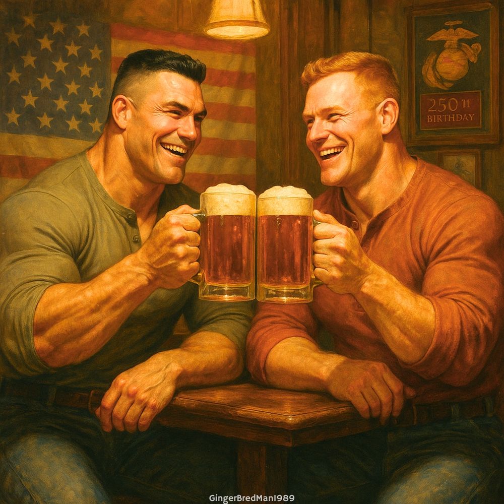 Two massively hyper-muscular U.S. Marines sit shoulder to shoulder at a warmly lit local bar, toasting the 250th birthday of the Marine Corps. Their pints of amber beer collide mid-cheer, golden foam catching the light. One Marine — black-haired, sharp-jawed, with a high-fade crew cut — grins broadly, while the other — ginger-haired, freckled, equally colossal — meets his gaze with pride and laughter. Both wear autumn-casual clothes: snug henleys, rolled sleeves, and rugged jeans, their physiques straining the fabric. Behind them, the American flag hangs softly illuminated, vintage Marine memorabilia lining the walls. The mood radiates camaraderie, strength, and patriotic warmth — brotherhood forged in service and time. Cinematic painterly realism, 8K hyper-detailed texture, golden-hour tavern light, rich amber tones, masterwork by Norman Rockwell and J.C. Leyendecker.