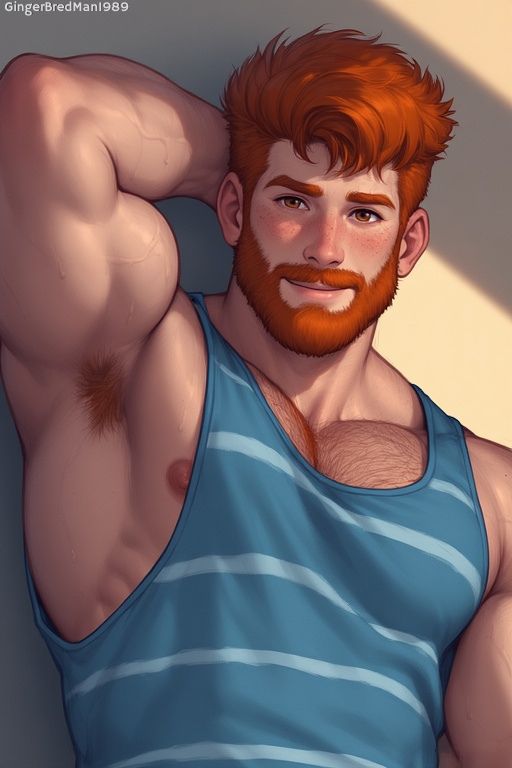Red-haired, bearded man with a muscular build, wearing a fitted blue tank top with pale blue horizontal stripes. He reclines against a wall with one arm behind his head, gazing warmly with a playful, inviting smile.