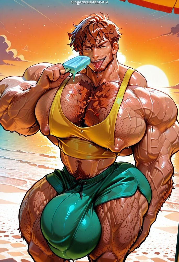 Highly stylized erotic illustration of an extremely muscular, tan-skinned man with short brown hair, wearing a tight yellow crop tank and green shorts that strain over his exaggerated bulge. He stands on the beach at sunset, licking a dripping blue popsicle with a teasing, sultry smirk.
