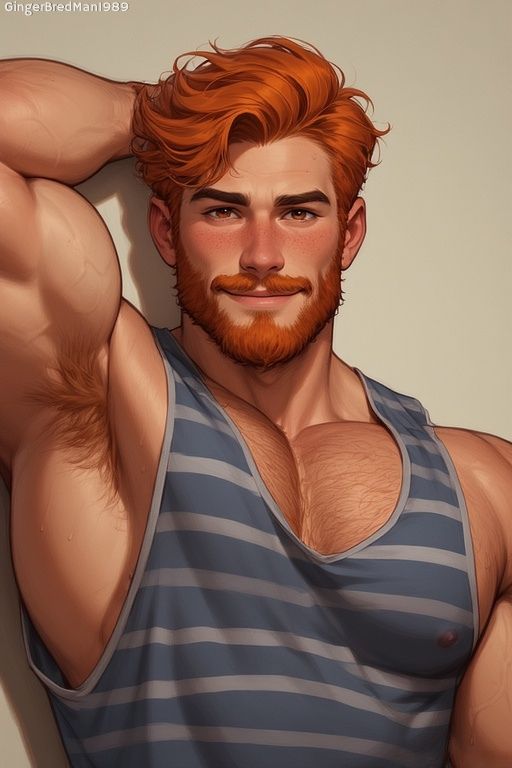 Strong, broad-chested redheaded man with tousled hair and a short beard, wearing a gray-blue tank top with thin light stripes. He leans against a wall, one arm behind his head, looking directly at the viewer with a warm, confident grin.