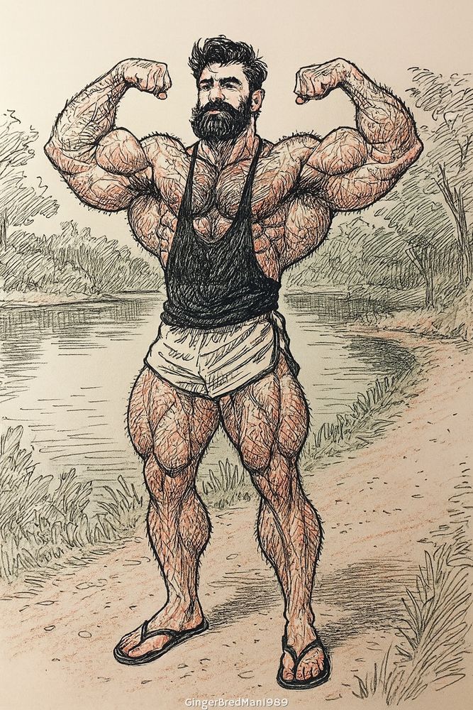 Hand-drawn ink and pencil–style illustration of a massive, ultra-muscular, hairy bodybuilder standing proudly on a dirt path by a tranquil pond. He wears flip-flops, split running shorts, and a stringer tank top stretched across his huge chest. He strikes a dramatic front double biceps pose, veins and furred muscles exaggerated in heroic detail, exuding raw power and playful bravado.