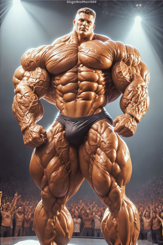 A colossal, hyper-muscular male bodybuilder dominates the stage under bright spotlights, his impossibly huge, veiny muscles oiled and tanned to a deep bronze sheen. Wearing only tight black posing trunks, he stands in a powerful pose, every vein and striation exaggerated to surreal proportions, while the roaring crowd of fans cheers wildly in the background.