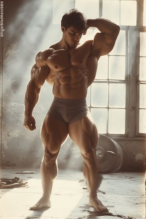 A fine-art photograph straight out of the 1970s golden age of bodybuilding. A massively muscular man stands barefoot in a worn-down gym flooded with honeyed sunlight. Dust motes swirl through the air as he flexes lazily, his body sheened with sweat, every curve of muscle gleaming like polished bronze. The cracked walls and vintage barbells behind him fade into haze, focusing all attention on his towering frame and smoldering intensity. A nostalgic study of strength, sensuality, and morning radiance - equal parts devotion and desire, a masterpiece of muscle worship and retro erotic allure.